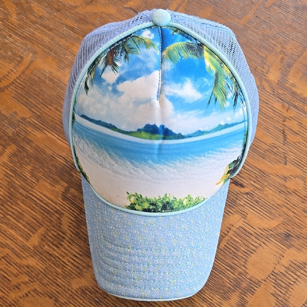 Tropical Beach Scene Blue Trucker Hat